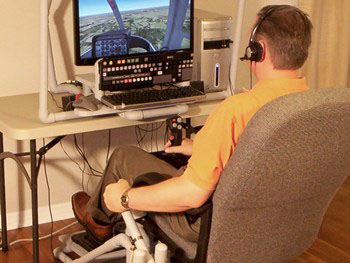 Man flying a helicopter simulator